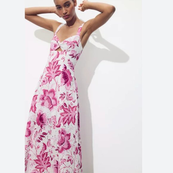 Zara Printed Openwork Embroidered Long Dress Blogger Fav White Pink Size XS - Picture 5 of 10
